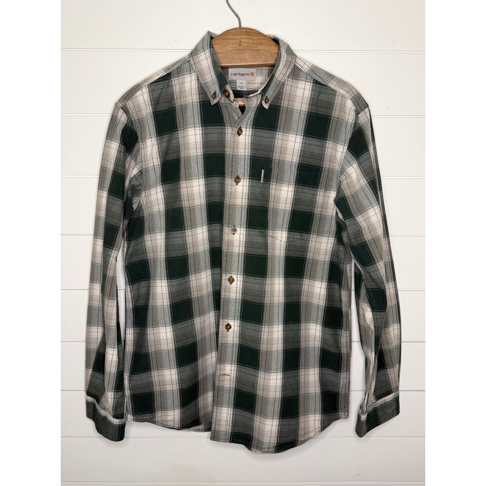 Carhartt Relaxed Fit Plaid Button Down Shirt Mens Medium Green White Long Sleeve